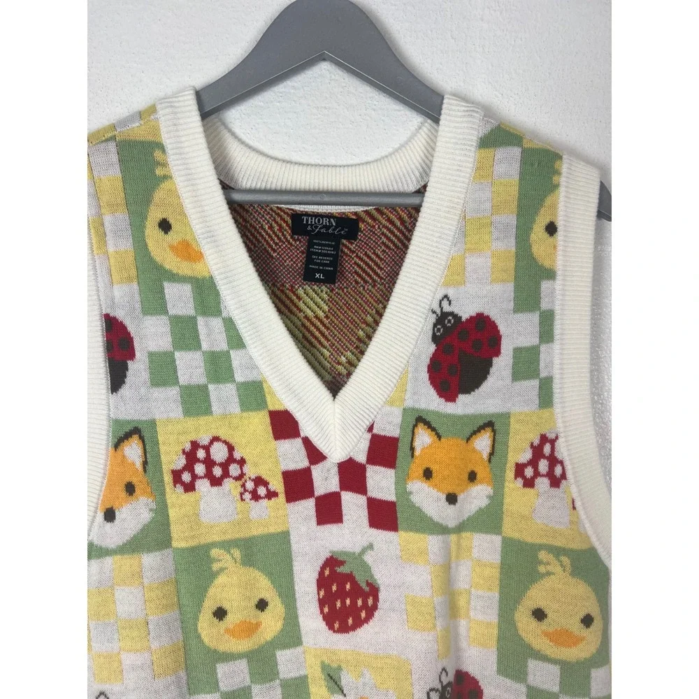 Thorn & Fable Cottagecore Fox Mushroom Chick Knit Sweater Vest XL Multi-Color